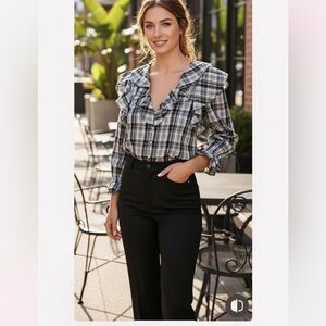 Veronica Beard Black and White Plaid Ruffle Blouse